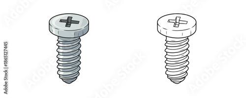 Phillips head metal screw shown in cartoon and line art styles gray and white colors hardware fastener tool for construction and repair isolated on white background