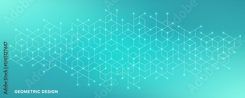 Abstract geometric cubes with connected dots and glowing lines on turquoise gradient background.