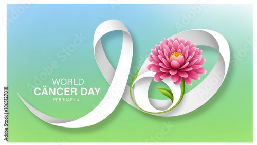 world cancer day february 4 white ribbon with pink flower background