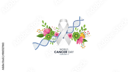 world cancer day floral banner with dna helix and white ribbon