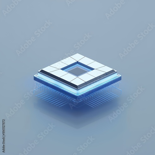 Isometric view of high performance blue crystal computer processor on neutral background