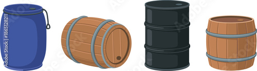 Industrial storage barrel collection featuring blue plastic drums, traditional wooden oak barrels, and black metal oil containers isolated on white