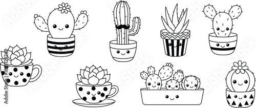 cartoon cacti and succulents in adorable pots