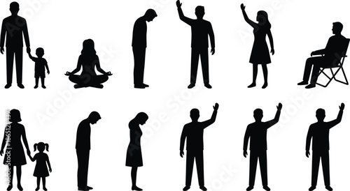 Human activity silhouette collection showing men women child gestures emotions sitting meditation greeting isolated black figures on white background set