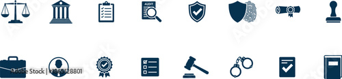 law and justice icon set for legal services, justice and compliance silhouettes, justice and legal icons silhouettes