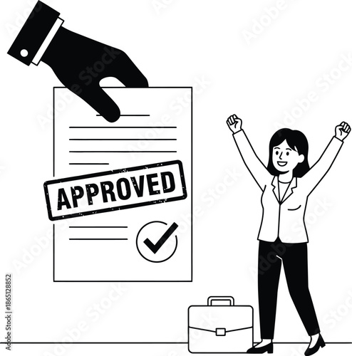 businesswoman celebrating approval with raised arms