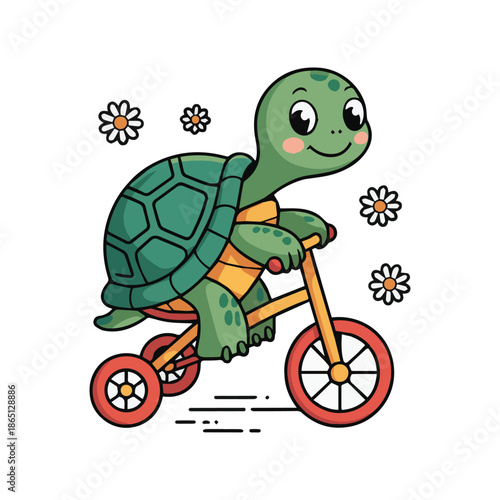 Cute turtle riding tricycle with flowers flat vector icon illustration for sticker, logo, book, t-shirt and more designs