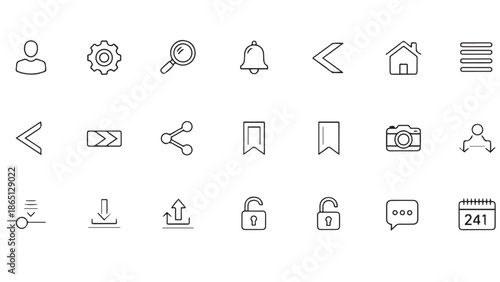 Professional minimalist user interface and social media communication icon set for mobile application development and digital marketing business platforms with outline style.