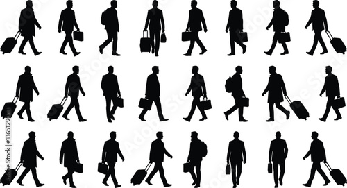 Businessman silhouettes walking with luggage and briefcase, corporate travel commuters movement poses isolated on white background vector illustration