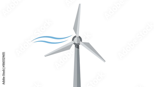 Minimalist illustration of a wind turbine with stylized wind currents, on a white background