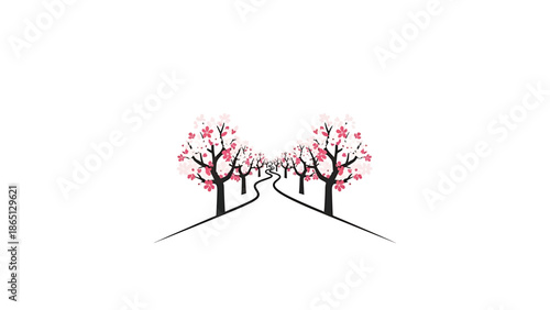 Minimalist illustration of a winding road lined with trees blooming pink and white flowers. Trees frame the road, offering perspective