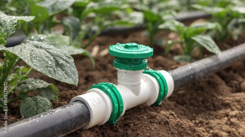 Wallpaper Mural Drip irrigation system component with green valve on soil next to growing plants and water droplets Torontodigital.ca