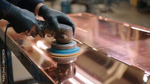 Hands wearing black gloves using an orbital sander to polish a shiny copper surface