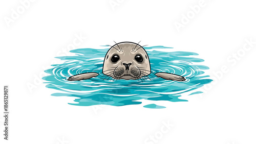 Illustration of a cute aquatic mammal swimming in turquoise water with its head above the surface and flippers extended