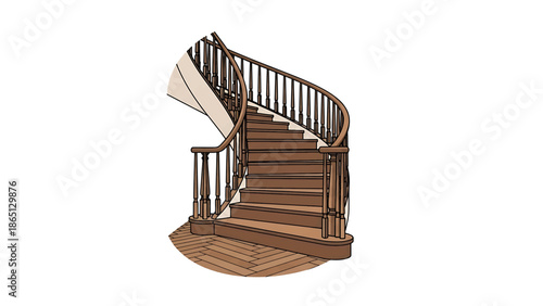 Illustration of a curved staircase with wooden steps, railing, and balusters. The artwork uses line art with a minimalist, cartoonish style