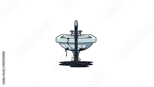 Illustration of a damaged bathroom sink with cracks and dripping black liquid, with a spouting faucet and dark splash
