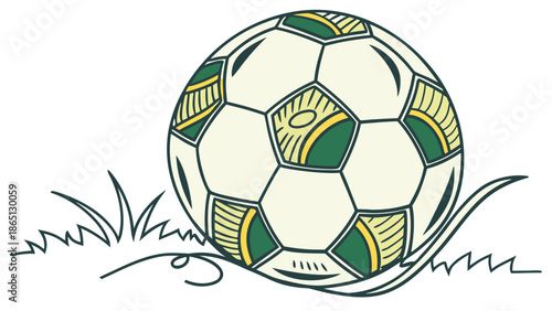 Vector image of a classic soccer ball with green and yellow details, clean style, soft shadows, white background.