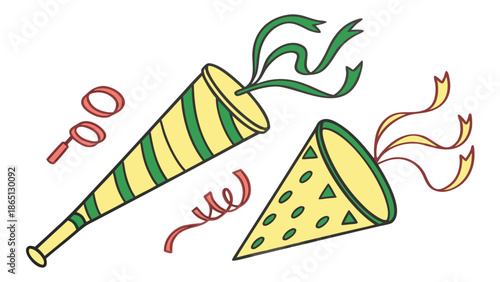 Vector image of green and yellow flags waving with confetti, modern flat style, vibrant colors, transparent background.