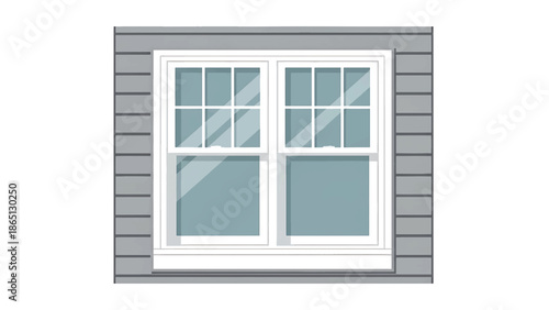 Illustration of a double-hung window on a building. The window has four panes per sash and is surrounded by gray siding