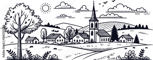 Peaceful rural landscape with small village houses church hills and sun in hand drawn sketch style