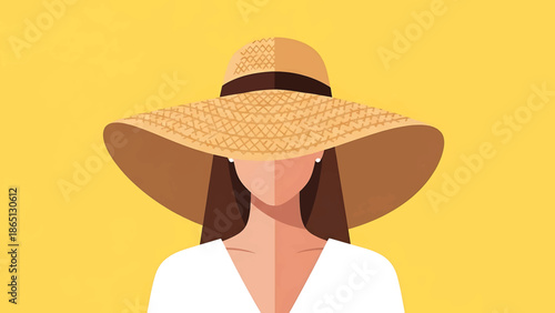 Illustration of a faceless woman wearing a large, straw sun hat against a yellow background, sporting a white top