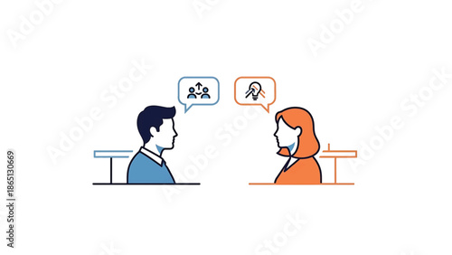 Illustration showing two people in silhouette, facing each other, with thought bubbles above their heads containing icons. The style is modern