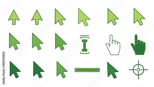 Green cursor icons, selection tool, hand icon, and target, arranged in a grid on a white background