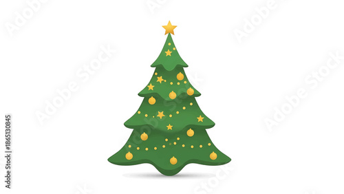 Green Christmas tree illustration with gold star topper, ornaments, and lights on white background with slight shadow