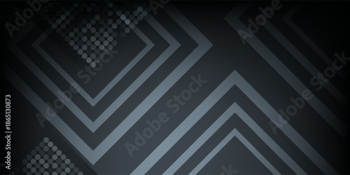 Abstract Dark Geometric Background with Metallic Lines and Halftone Dot Pattern. Futuristic Technology Concept