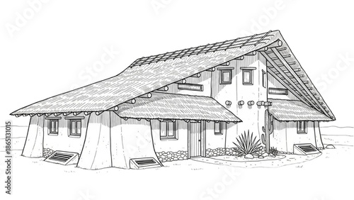 High-Quality Black Continuous Line Art of Traditional Adobe-Style Home Adapted for Extreme Heat