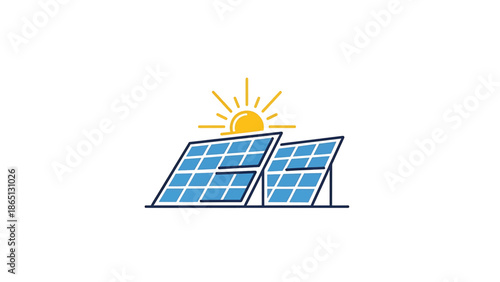 Graphic with two blue solar panels angled slightly, beneath a yellow sunburst, all atop a clean white background