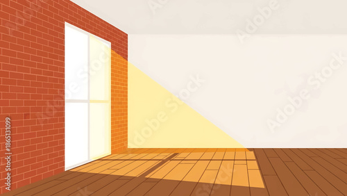Interior illustration of a sunlit room with wooden floor, a brick wall with window and bright sunlight illuminating part of the room