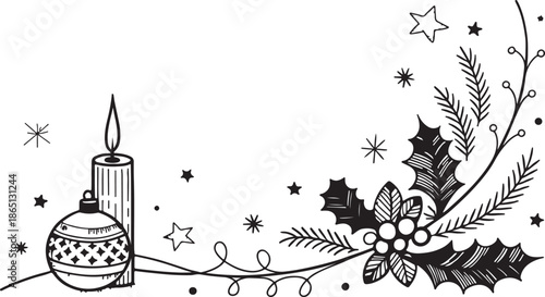Elegant sketch style christmas corner border with decorated bauble candle holly and spruce branches winter design.