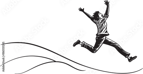 Energetic man leaping and jumping with arms raised celebrating freedom success or running toward achievement vector.