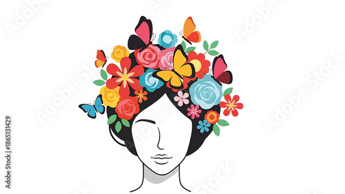 Illustration of a woman's face with a colorful flower and butterfly crown, set against a clean white background