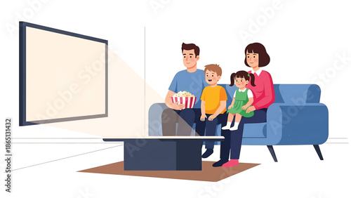 Illustration of a family of four watching a screen with a light beam. They sit on a blue sofa, and there's popcorn