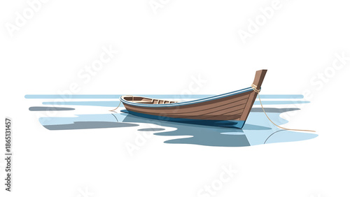 Illustration of a wooden boat, with a high bow, floating on calm water. The boat is tied to an unseen point, casting a shadow. Clean and minimalist style