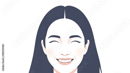 Illustration of a woman's smiling face. She has closed eyes, full lips, and dark hair, set against a solid white background. It displays happiness