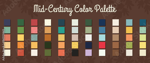 Mid century modern color palette with vintage retro swatches for interior design and graphic branding.