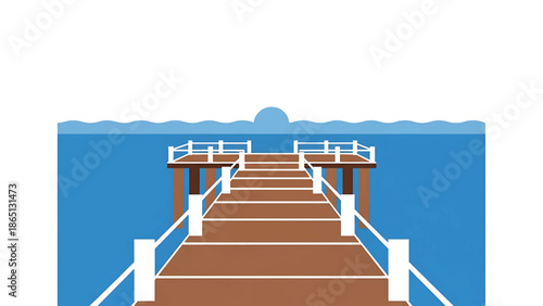 Illustration of a wooden pier extending into the blue sea with a small sun on the horizon. White railings and supports. Simple graphic style