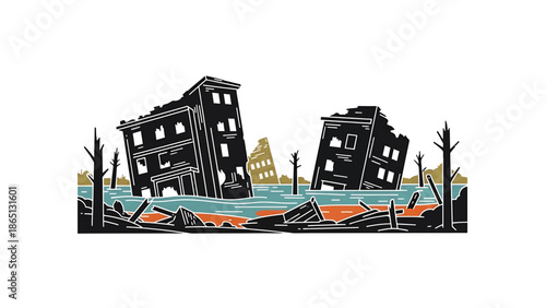Illustration of a flooded city with damaged buildings, dead trees, and floating debris, depicting a post-apocalyptic or environmental disaster scene