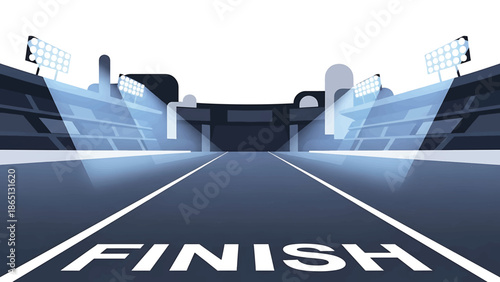 Illustration of an empty stadium with a finish line. Stadium lights illuminate the path towards the word "FINISH". A minimalist, graphic design