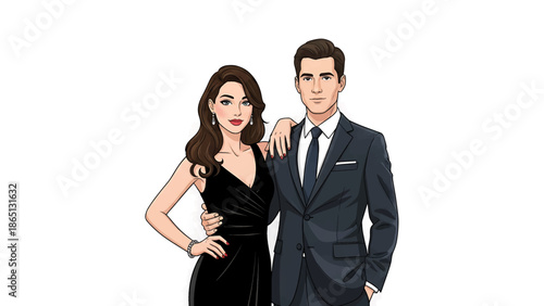 Illustration of a formally dressed couple, the woman in a black dress, the man in a suit, both looking forward. Their animated design gives a stylish, modern aesthetic