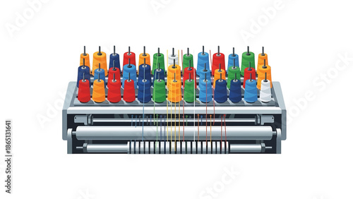 Illustration of an industrial machine holding colorful spools of thread. Threads run through the machine. Metal structure. Clean, colorful design