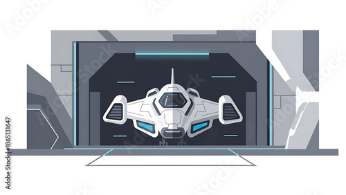 Illustration of a futuristic spacecraft within a hangar, featuring a sleek, white design with blue accents. The scene has a clean, geometric style