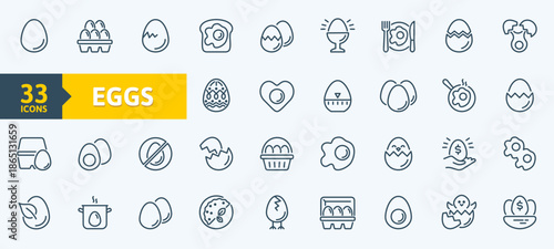 Eggs line icon set. Container, easter hunt basket, eggshell, yolk, scrambled, cooking ingredient minimal vector illustration. Simple outline sign for breakfast. 