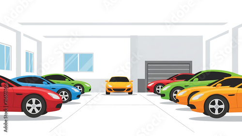 Illustration of a garage interior with a variety of colorful automobiles arranged in two rows, facing each other with an additional car at the center