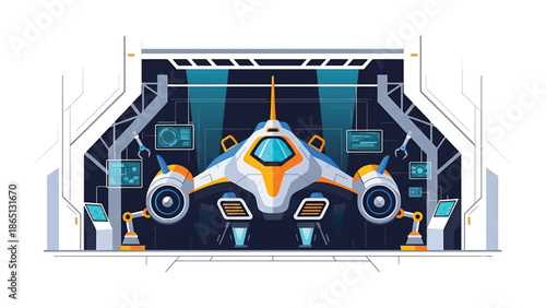 Illustration of a futuristic spacecraft inside a hangar, showcasing a clean, stylized design with robotic arms and digital displays. The craft is the central focus
