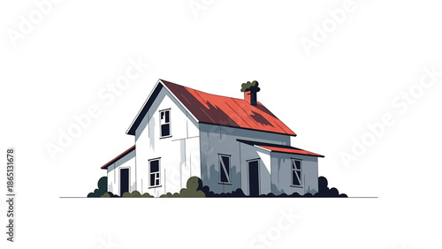 Illustration of an old, weathered house with a red roof, windows, and chimney, surrounded by sparse greenery. The style is clean and flat