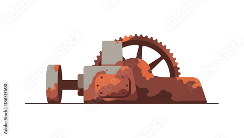 Illustration of an old, rusted machine with gears and wheels, set against a plain white background, appearing aged and worn